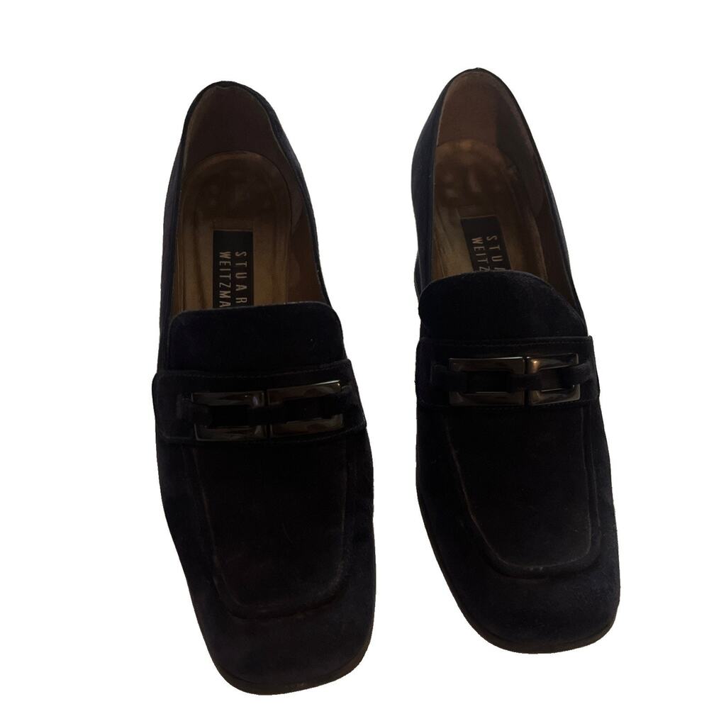 Stuart Weitzman Black Gauze Black Buckle Rubber Sole Loafer Heels Size 8.5 M